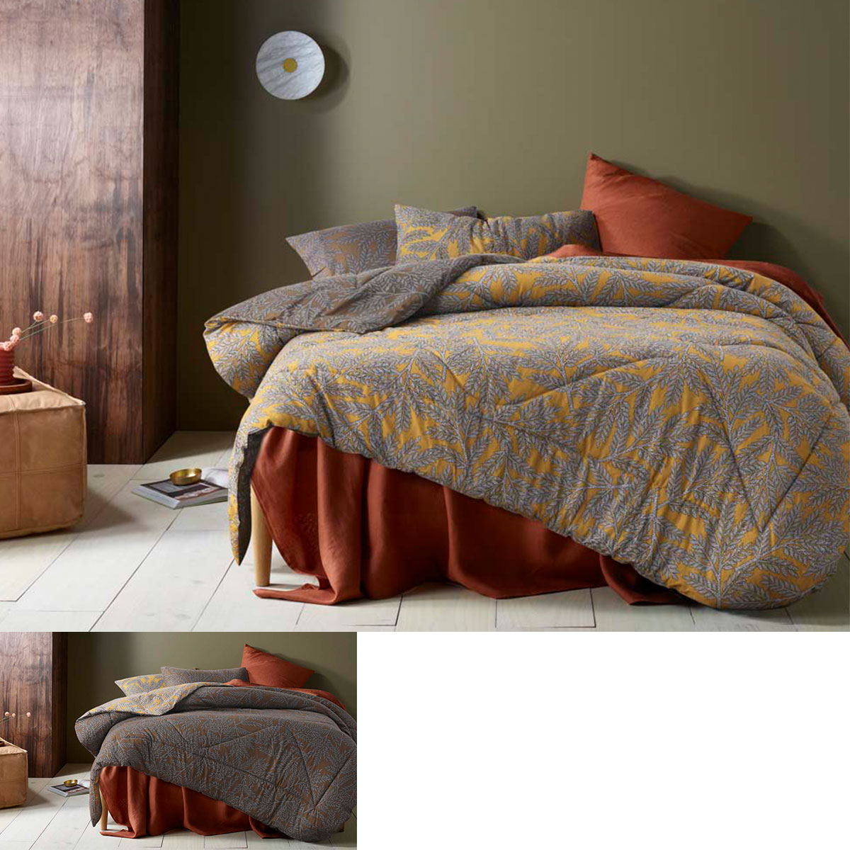 V442-HIN-COMFORTER-COTTONCLOVE-MUSTARD-KI-90058-00 Accessorize Clove Washed Cotton Printed Reversible Comforter Set King - Image 1