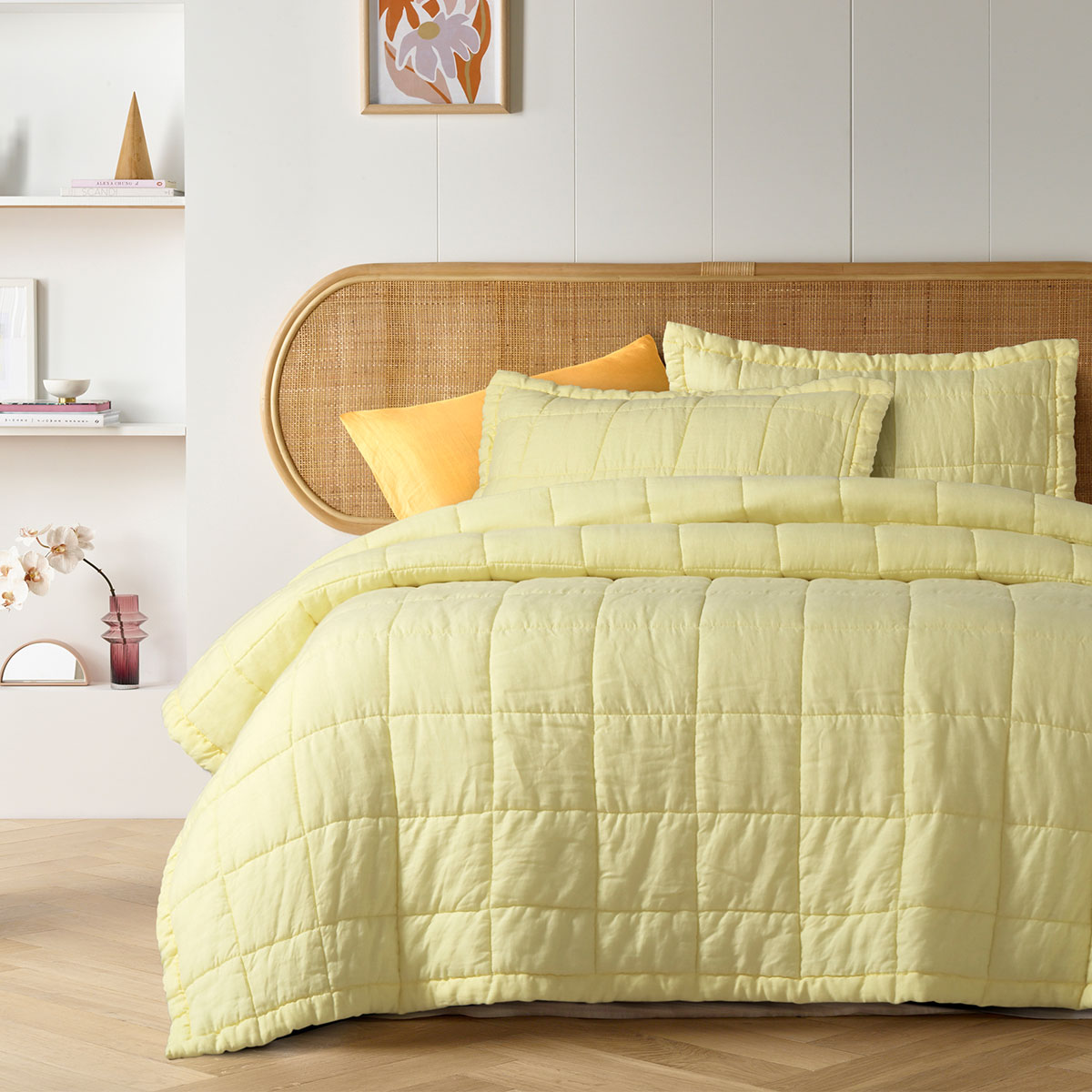 V442-HIN-COVERLETS-FRENCHLINEN-BUTTER-QS-83462-00 Vintage Design Homewares Butter French Linen Coverlet Set Queen - Image 1