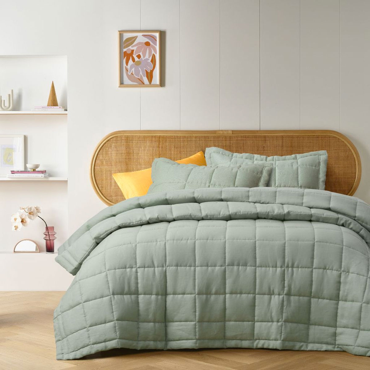 V442-HIN-COVERLETS-FRENCHLINEN-SAGE-QS-83638-00 Vintage Design Homewares Sage French Linen Coverlet Set Queen - Image 1