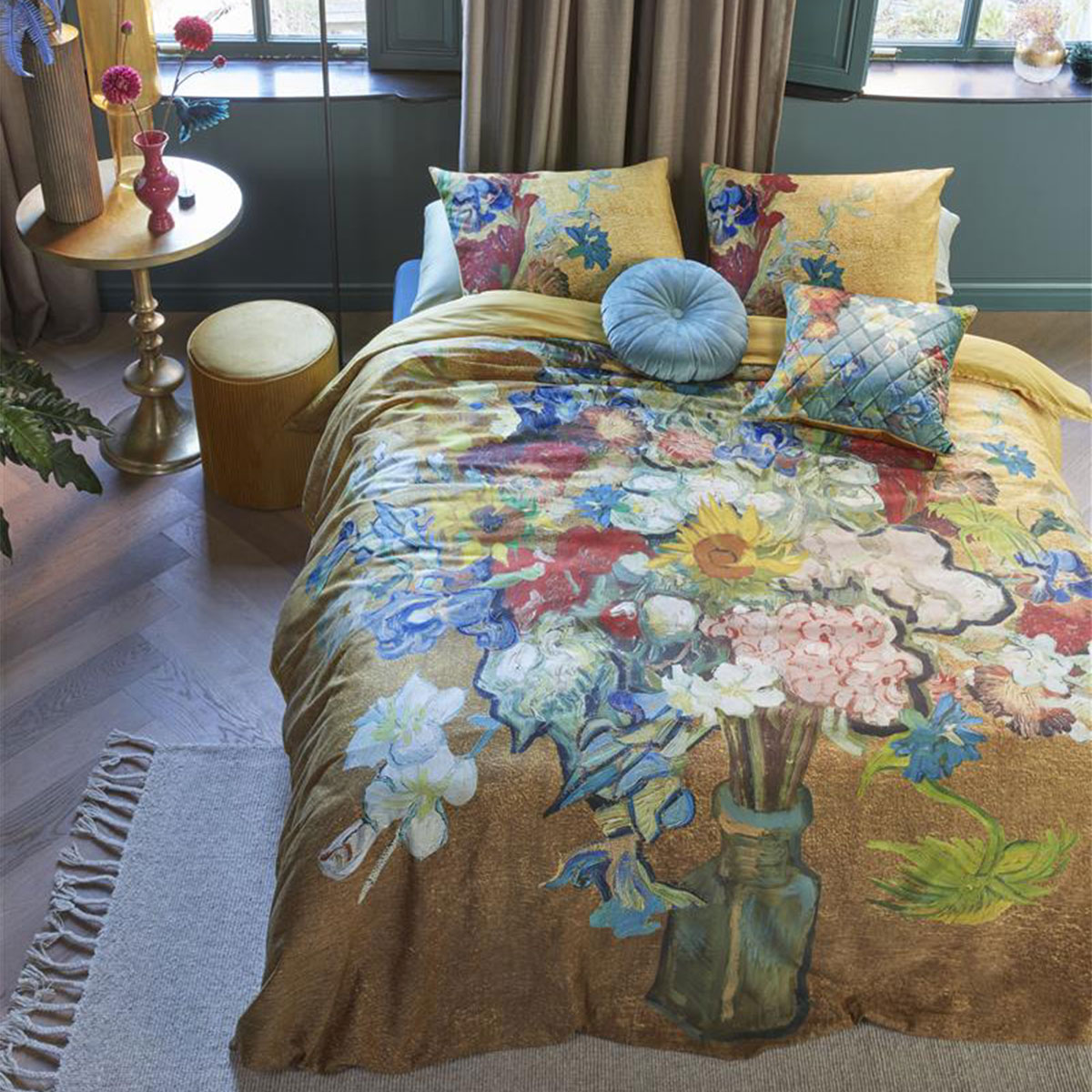 V442-HIN-QUILTCS-BOUQUETDANNIVER-GOLD-SK-202919-00 Bedding House Van Gogh Bouquet d'Anniversaire Gold Cotton Sateen Quilt Cover Set Super King - Image 1