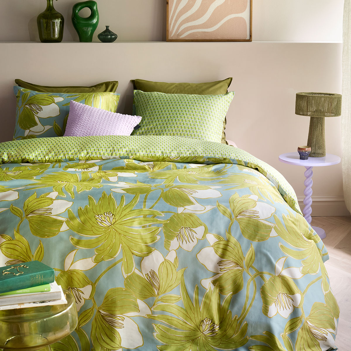 V442-HIN-QUILTCS-MELODI-GREEN-KI-202503121046-00 Oilily Melodi Green Cotton Floral Quilt Cover Set King - Image 1