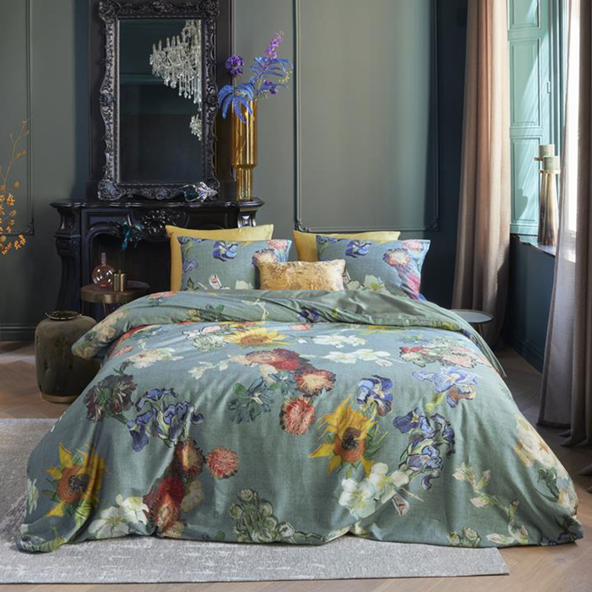 V442-HIN-QUILTCS-PARTOUTDESFLEURS-GREEN-KI-83596-00 Bedding House Van Gogh Partout des Fleurs Green Cotton Sateen Quilt Cover Set King - Image 1