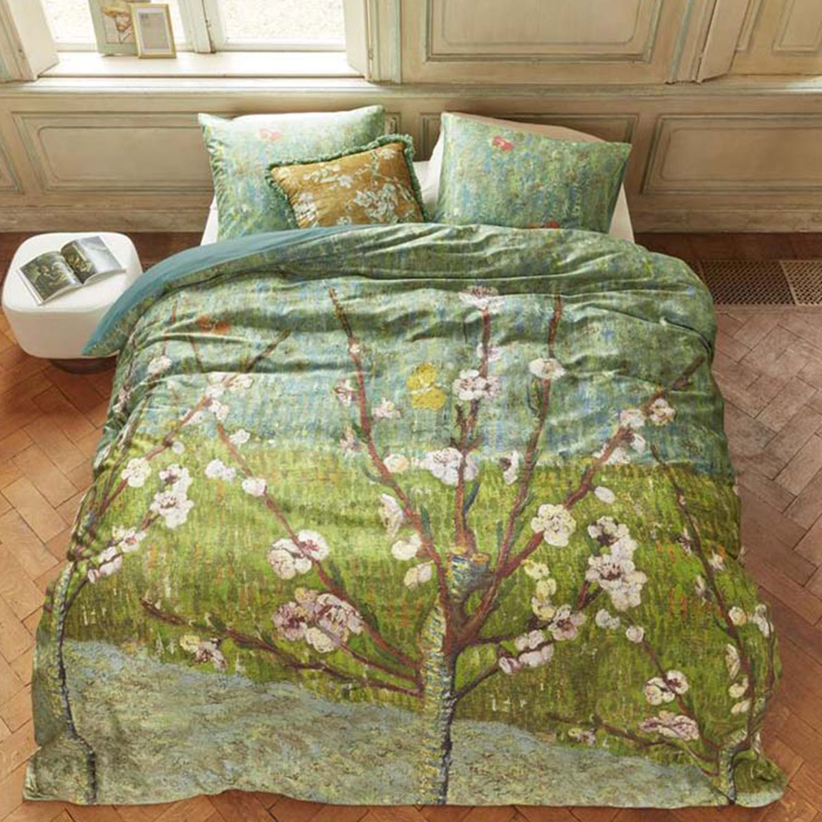 V442-HIN-QUILTCS-PEACHTREES-GREEN-QS-158456-00 Bedding House Van Gogh Peach Trees Green Cotton Sateen Quilt Cover Set Queen - Image 1