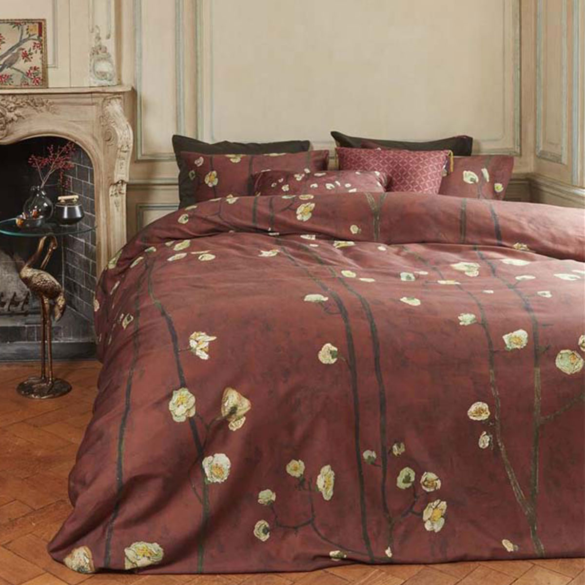 V442-HIN-QUILTCS-PLUMBLOSSOMS-RED-KI-158450-00 Bedding House Van Gogh Plum Blossoms Red Cotton Sateen Quilt Cover Set King - Image 1