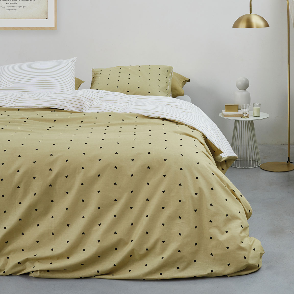 V442-HIN-QUILTCS-STRIPEDHEARTS-YELLOW-QS-82900-00 VTWonen Striped Hearts Yellow Cotton Quilt Cover Set Queen - Image 1