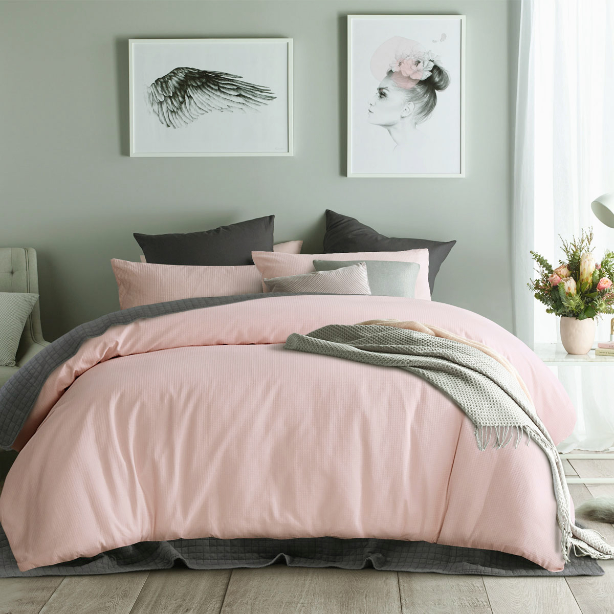 V442-HIN-QUILTCS-WAFFLECOTTON-BLUSH-KI-82314-00 Accessorize Waffle Blush Cotton Quilt Cover Set King - Image 1