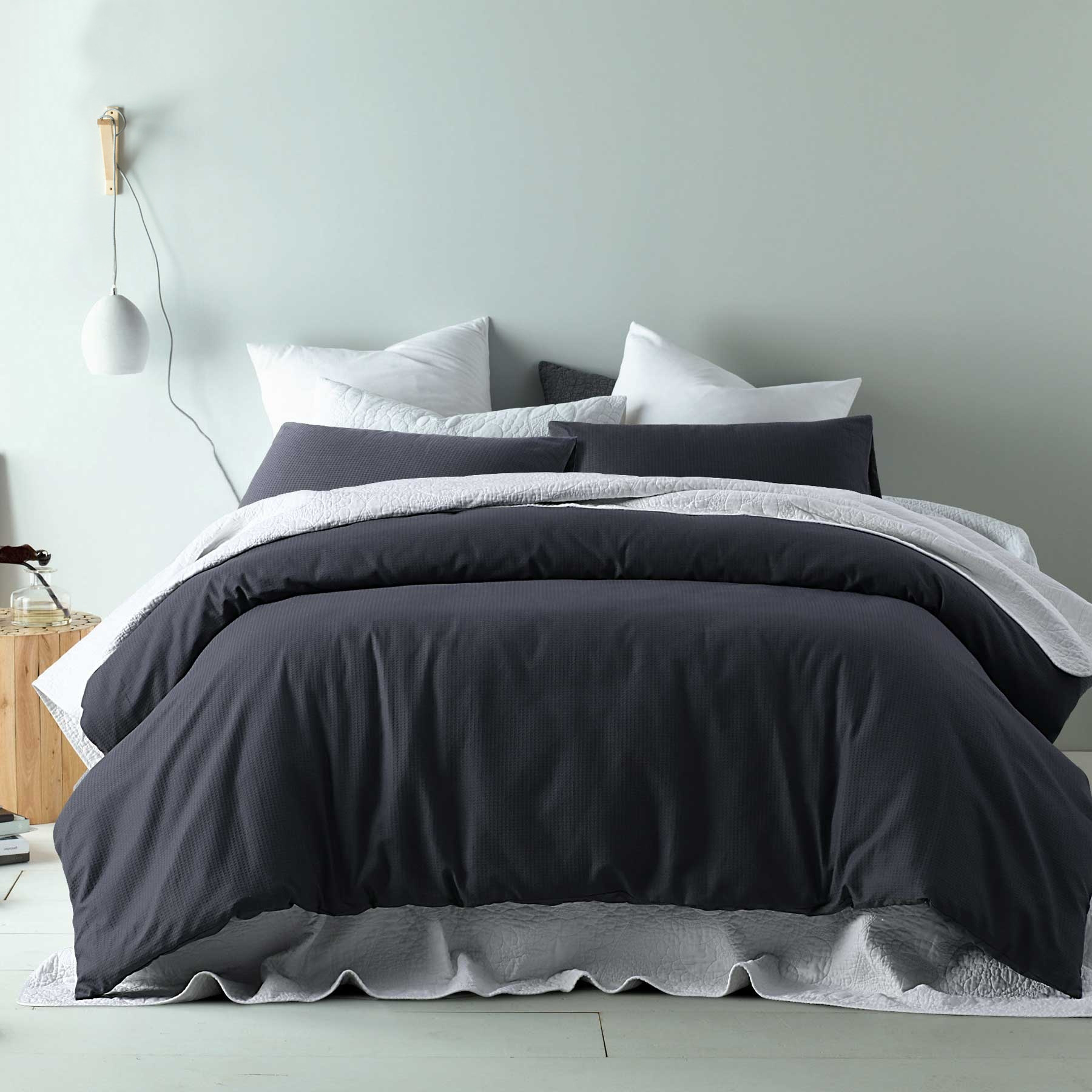 V442-HIN-QUILTCS-WAFFLECOTTON-SLATE-QS-83089-00 Accessorize Waffle Slate Cotton Blend Quilt Cover Set Queen - Image 1