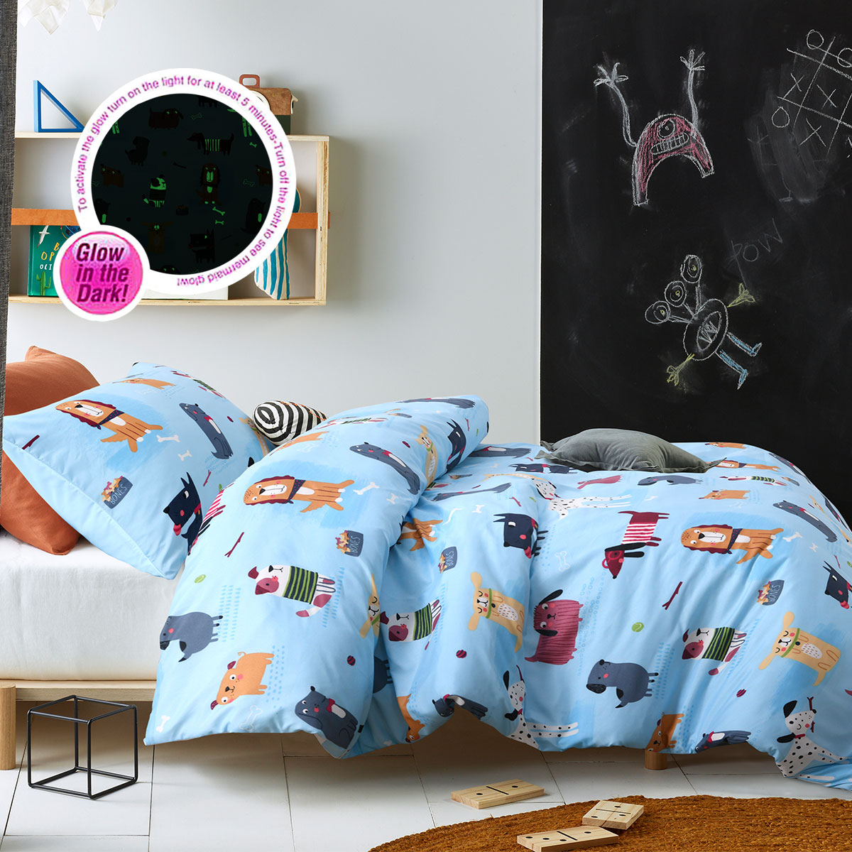 V442-HIN-QUILTCS-WOOF-BLUE-DS-83453-00 Happy Kids Woof Glow in the Dark Quilt Cover Set Double - Image 1