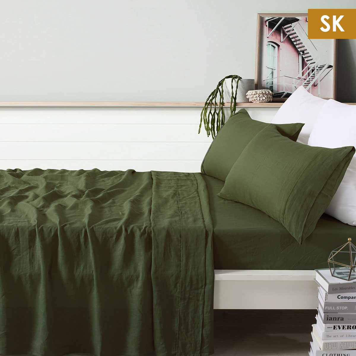 V442-HIN-SHEETS-LINEN-OLIVE-SK-83020-00 Vintage Design Homewares 100% Linen Olive Sheet Set Super King - Image 1