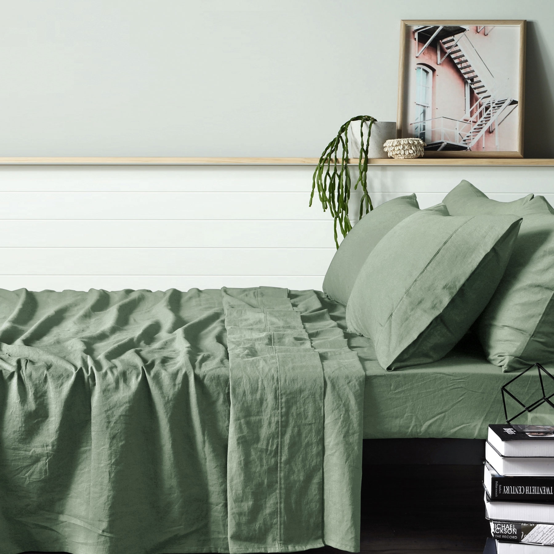 V442-HIN-SHEETS-LINEN-SAGE-KI-83016-00 Vintage Design Homewares 100% Linen Sage Sheet Set KING - Image 1