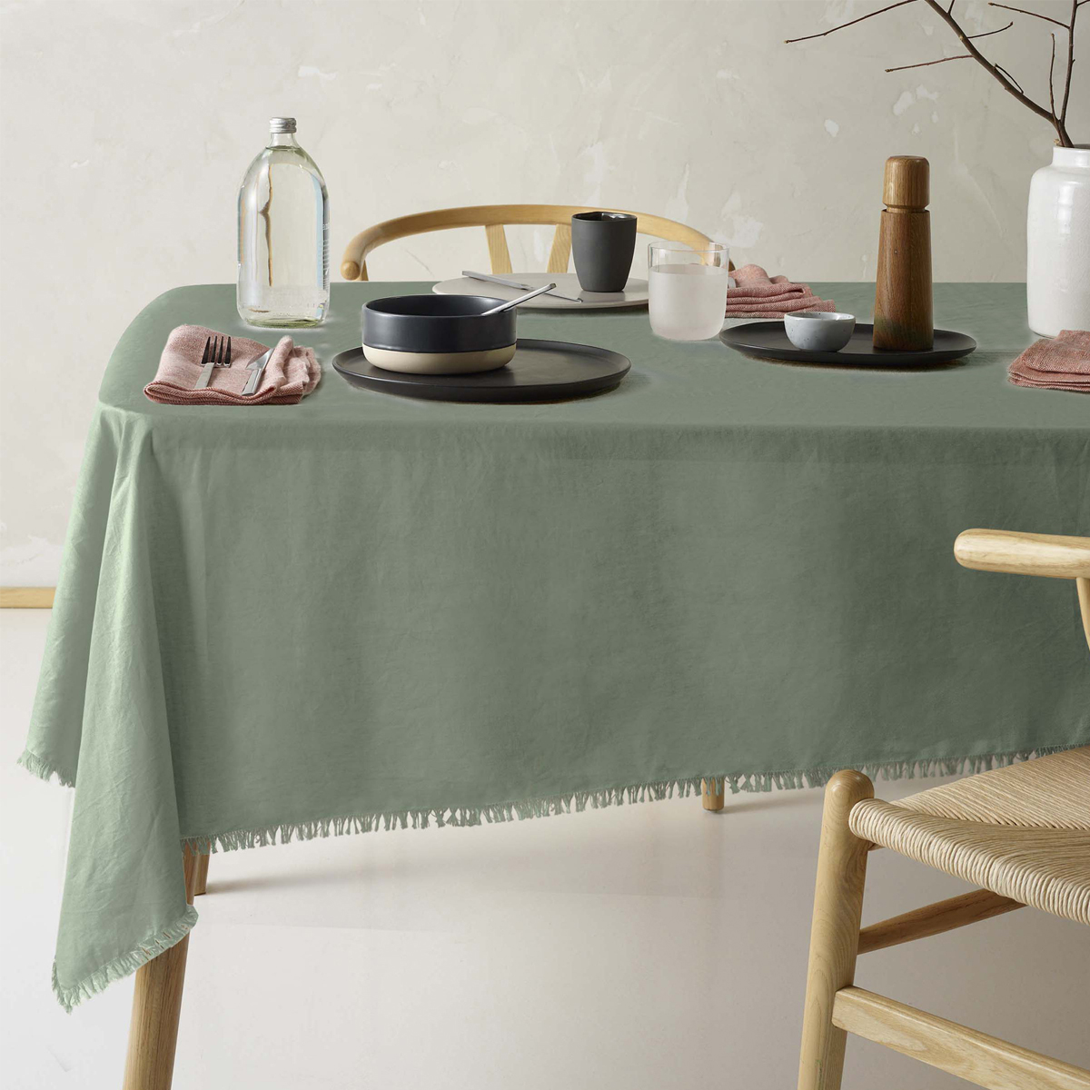 V442-HIN-TABLEC-GYPSYLINENC300CM-GREEN-RE-202842-00 Vintage Design Homewares Gypsy Green Fringed Washed Linen Cotton Tablecloth 150cm x 300cm - Image 1