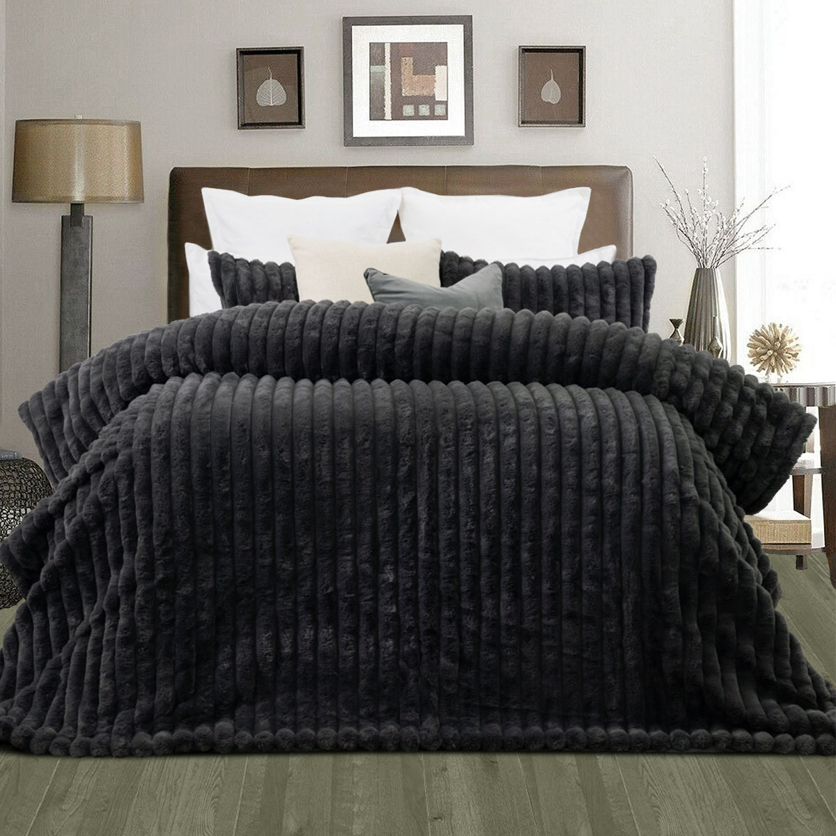V442-IDC-COMFORTER-ARNA-CHARCOAL-KI-167474-00 Jane Barrington Arna Charcoal 3 Pcs Channel Faux Bunny Fur Comforter Set King - Image 1