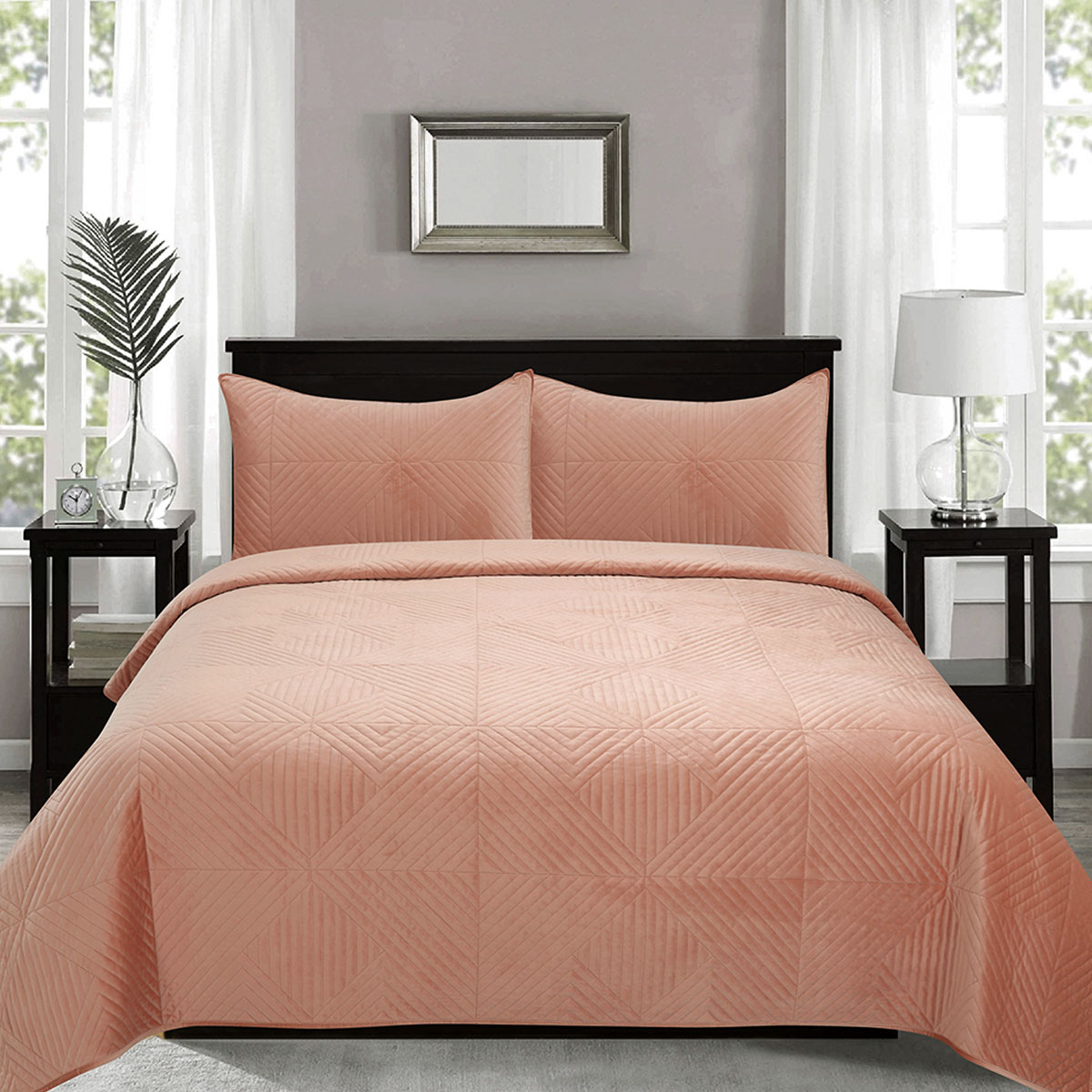 V442-IDC-COVERLET-MERIDA-CLAYPINK-QS-78678-00 J.Elliot Home Merida Clay Pink Velvet Quilted Coverlet Set Queen/King - Image 1