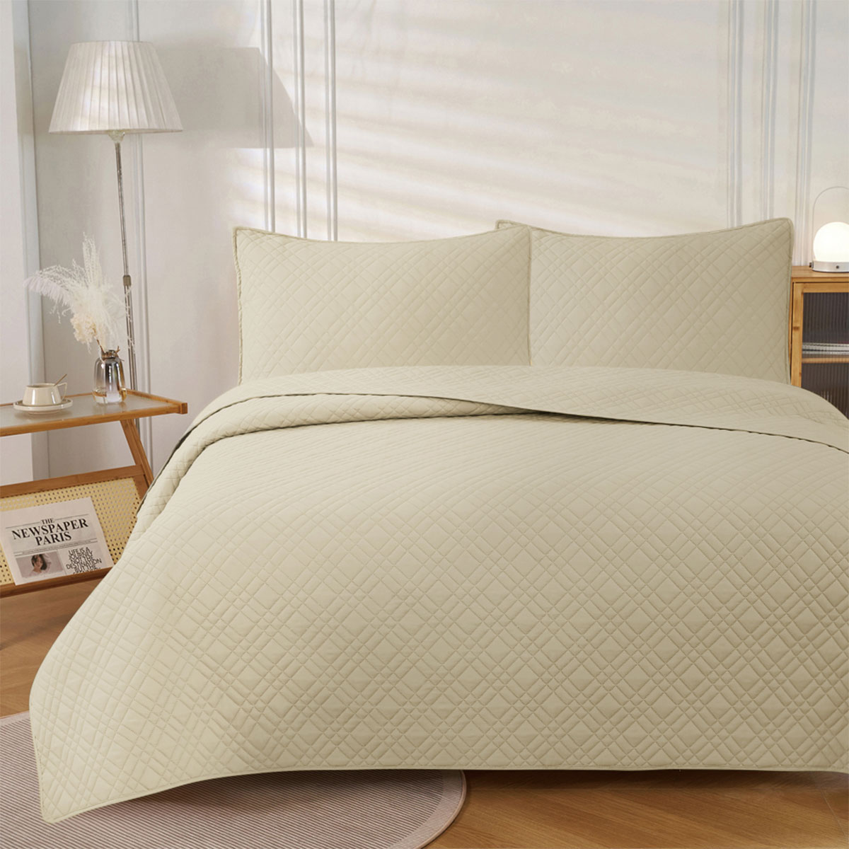 V442-IDC-COVERLETS-MORRIS-BEIGE-KI-167476-00 Jane Barrington Morris Beige Ultrasonic Embossed Lightly Quilted Reversible Coverlet Set King - Image 1