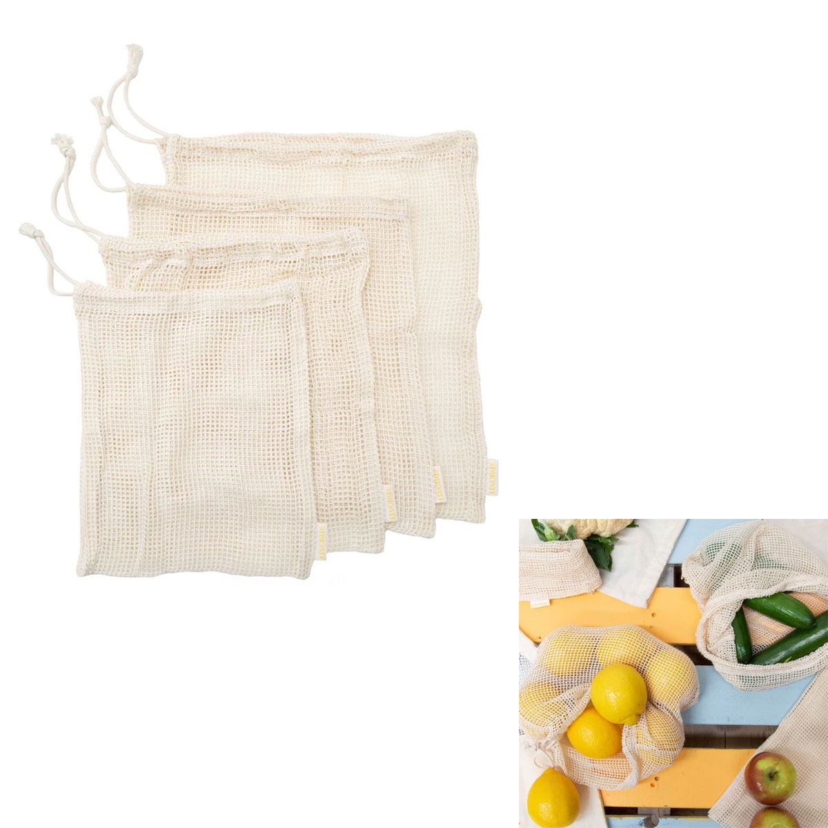V442-IDC-MISC-SETOF4MESHBAGSET-NATURAL-RE-183888-00 J Elliot Home Lemonade Karma Set of 4 Cotton Eco-Friendly Natural Mesh Storage Bag Set - Image 1