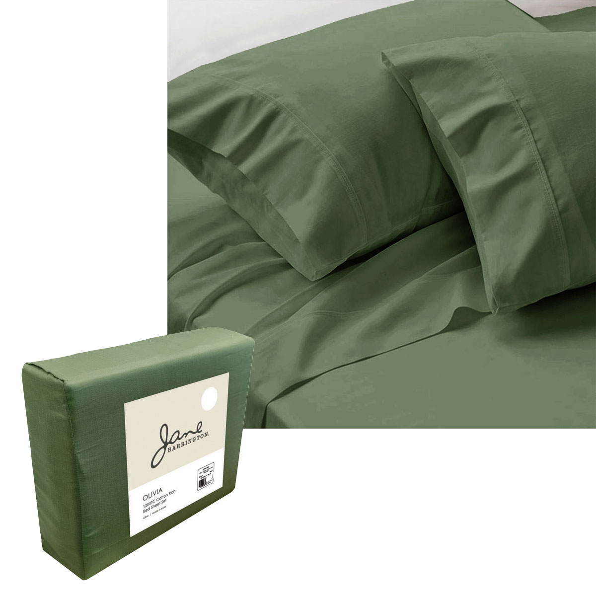 V442-IDC-SHEETS-OLIVIA1200TC-OLIVE-KI-183744-00 Jane Barrington 1200TC Olivia Cotton Rich Sheet Set 40cm Wall Olive King - Image 1