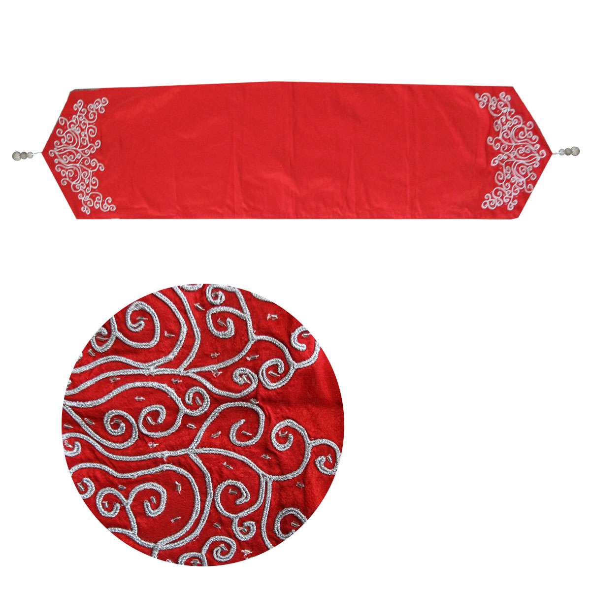 V442-IDC-TABLER-EVE2023-RED-RE-78238-00 Embroidered Faux Silk Table Runner 33 x 135 cm Eve Red Silver - Image 1