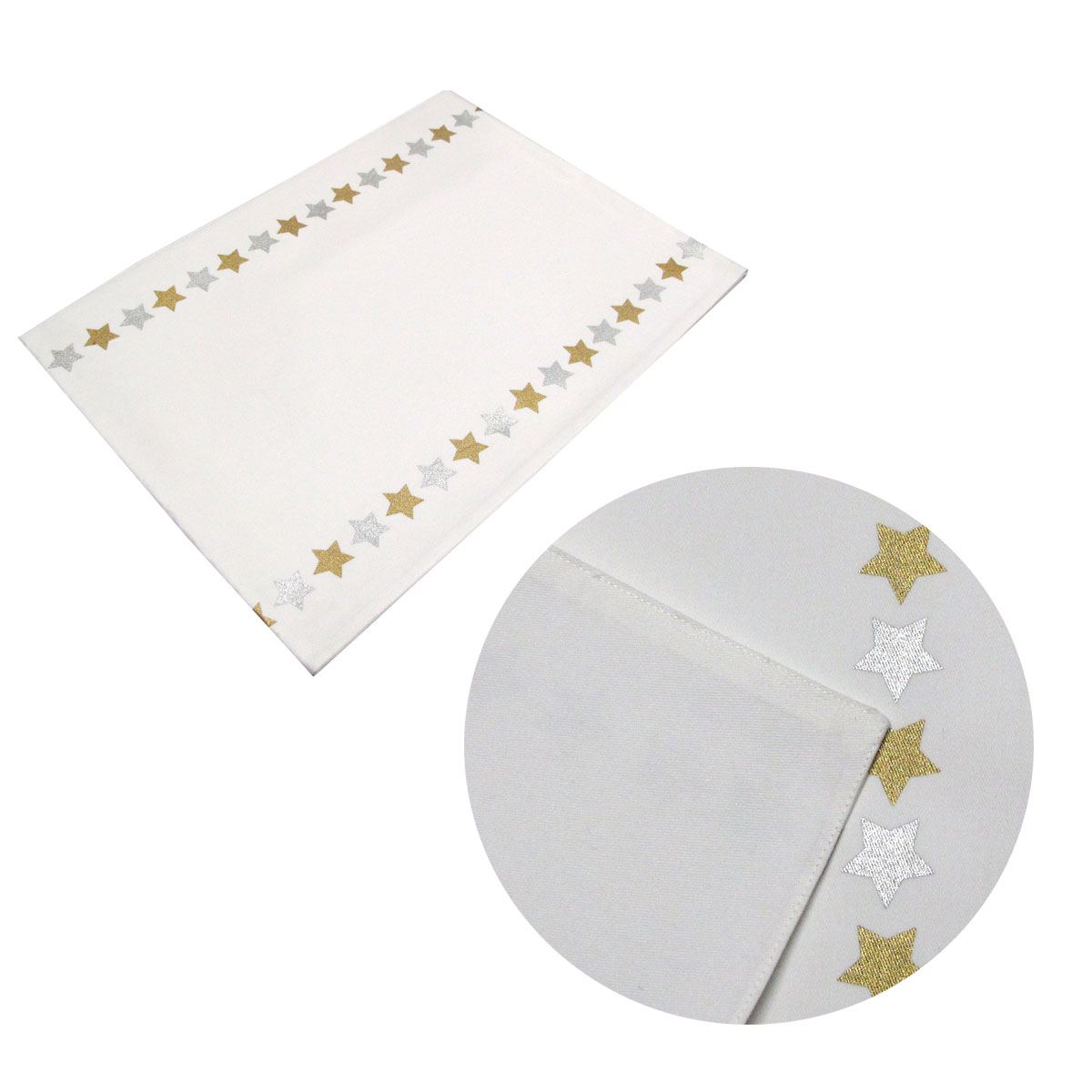 V442-IDC-TABLER-STAR-GOLDSILVER-RE-78326-00 Silver Gold Stars Cotton Metallic Print Table Runner 33 x 180 cm - Image 1
