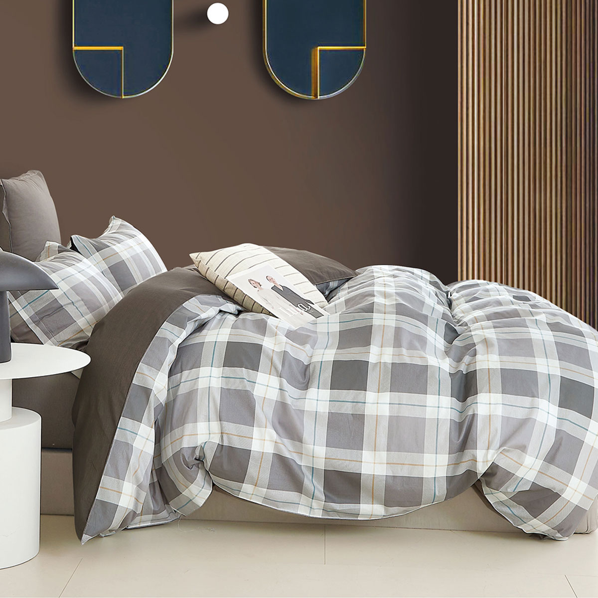 V442-INT-QUILTCS-250TCCHESTER-GREY-KI-159134-00 Ardor 250TC Chester Plaid Cotton Sateen Quilt Cover Set King - Image 1