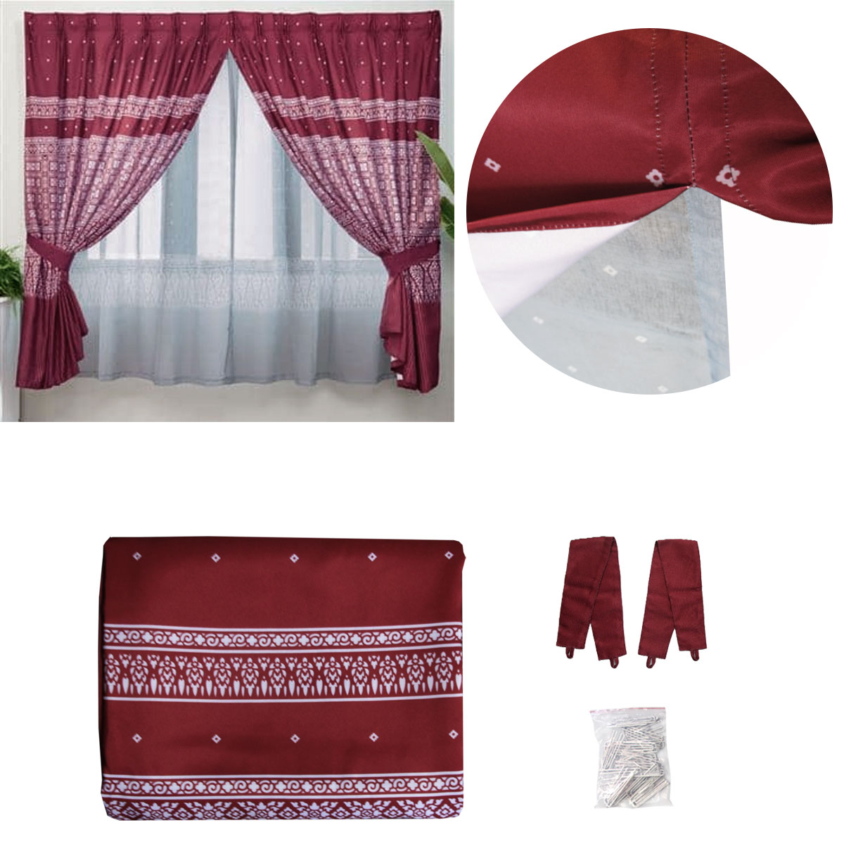 V442-JTC-CURTAIN-CASAKAYANGAN-BURGUNDY-RE-210969-00 Avon Home Casa Kayangan Burgundy Pinch Pleat Window Curtain with Attached Lace Curtain - Image 1