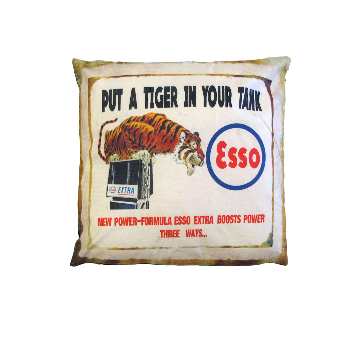 V442-JTC-CUSHION-ESSOCROUCHINGTIGER-TAUPE-SQ-145766-00 Australian Mancave Retro Cushion ESSO Crouching Tiger 40 x 40 cm - Image 1