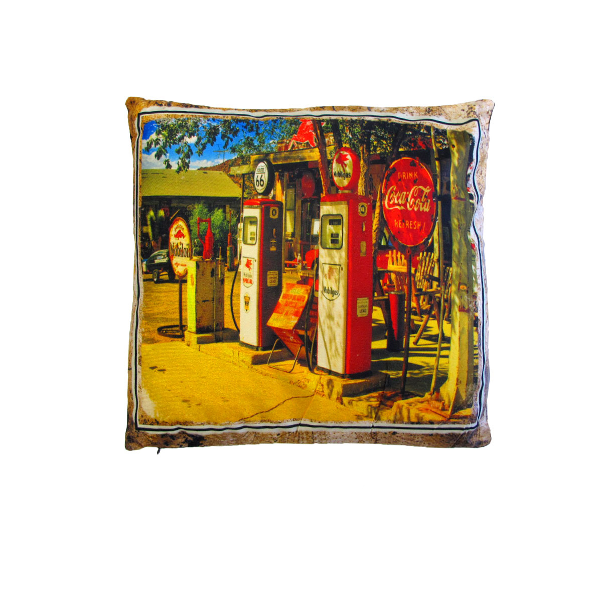V442-JTC-CUSHION-PETROLSTATION-YELLOW-SQ-202502260935-00 Australian Mancave Retro Cushion Petrol Station 40 x 40 cm - Image 1