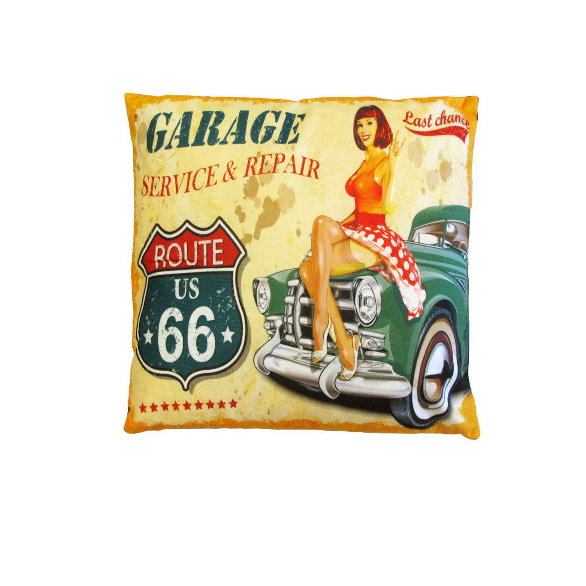 V442-JTC-CUSHION-ROUTE66-YELLOW-SQ-145769-00 Australian Mancave Retro Cushion Route 66 40 x 40 cm - Image 1