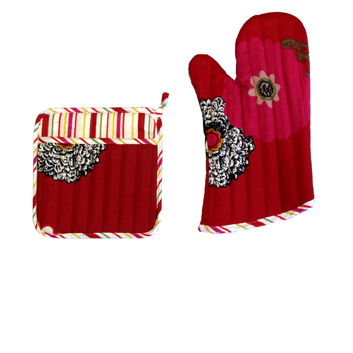 V442-JTC-OVENM-FLORALMIXSET-RED-SQ-185245-00 Set of 100% Cotton Printed Oven Mitt + Pot Holder Red Floral - Image 1