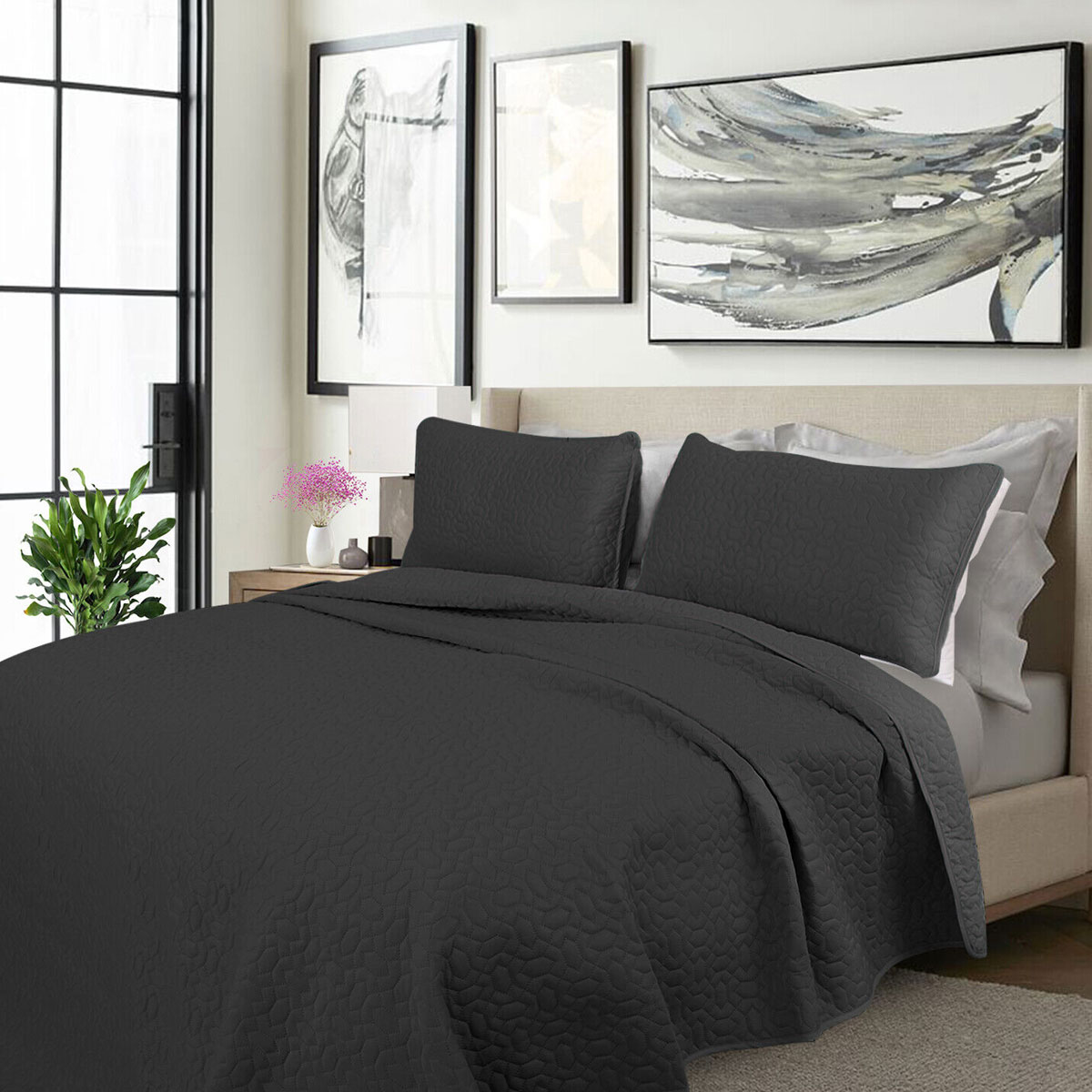 V442-KIT-COMFORTER-COOLING-CHARCOAL-KI-173716-00 Shangri La 2000TC Charcoal Cooling Embroidered 3 Pcs Comforter Set King - Image 1