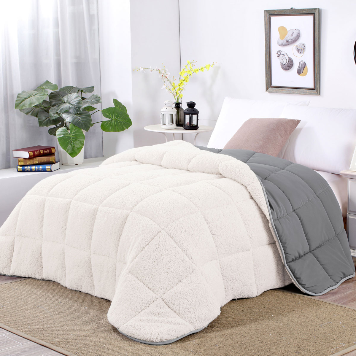 V442-KIT-COMFORTER-SHERPAFLEECE-SLEET-QS-173721-00 Shangri La Sleet Sherpa Fleece Reversible 3 Pcs Comforter Set Queen - Image 1
