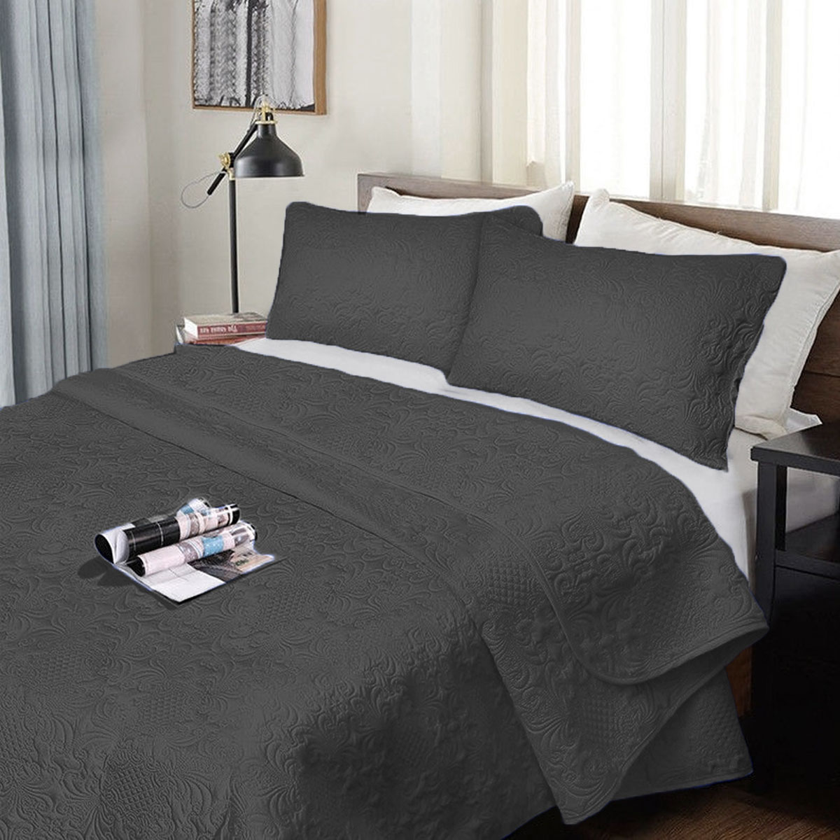 V442-KIT-COMFORTER-ULTRASONIC-CHARCOAL-KI-202502260935-00 Ramesses 3 Piece Ultrasonic Comforter Set King Charcoal - Image 1