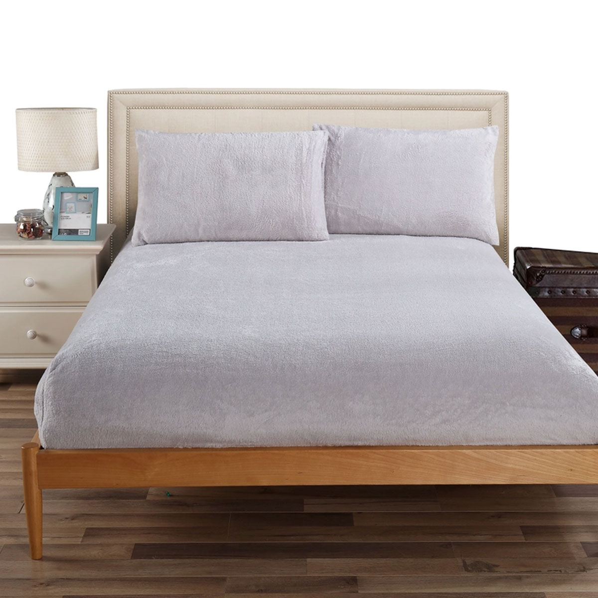 V442-KIT-FITTEDSS-TEDDYFLEECE-GREY-DS-174754-00 Ramesses Teddy Fleece Fitted Sheet Combo Set Grey Double - Image 1