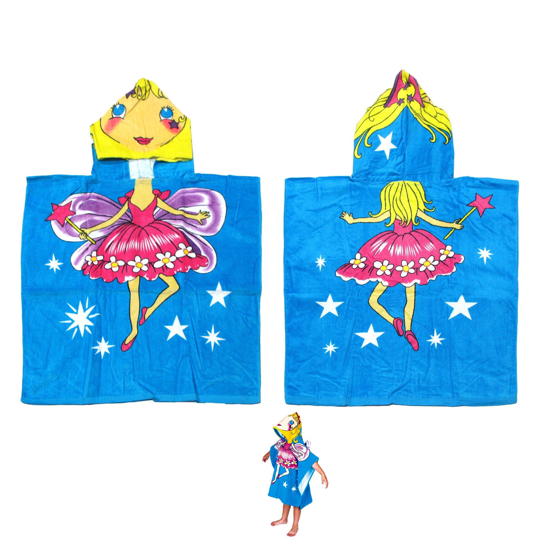 V442-KIT-TOWEL-HOODEDBALLERINAFAIRY-BLUE-SH-145676-00 Cute Kids Cotton Hooded Towel Poncho 60 x 120 cm Ballerina Fairy - Image 1