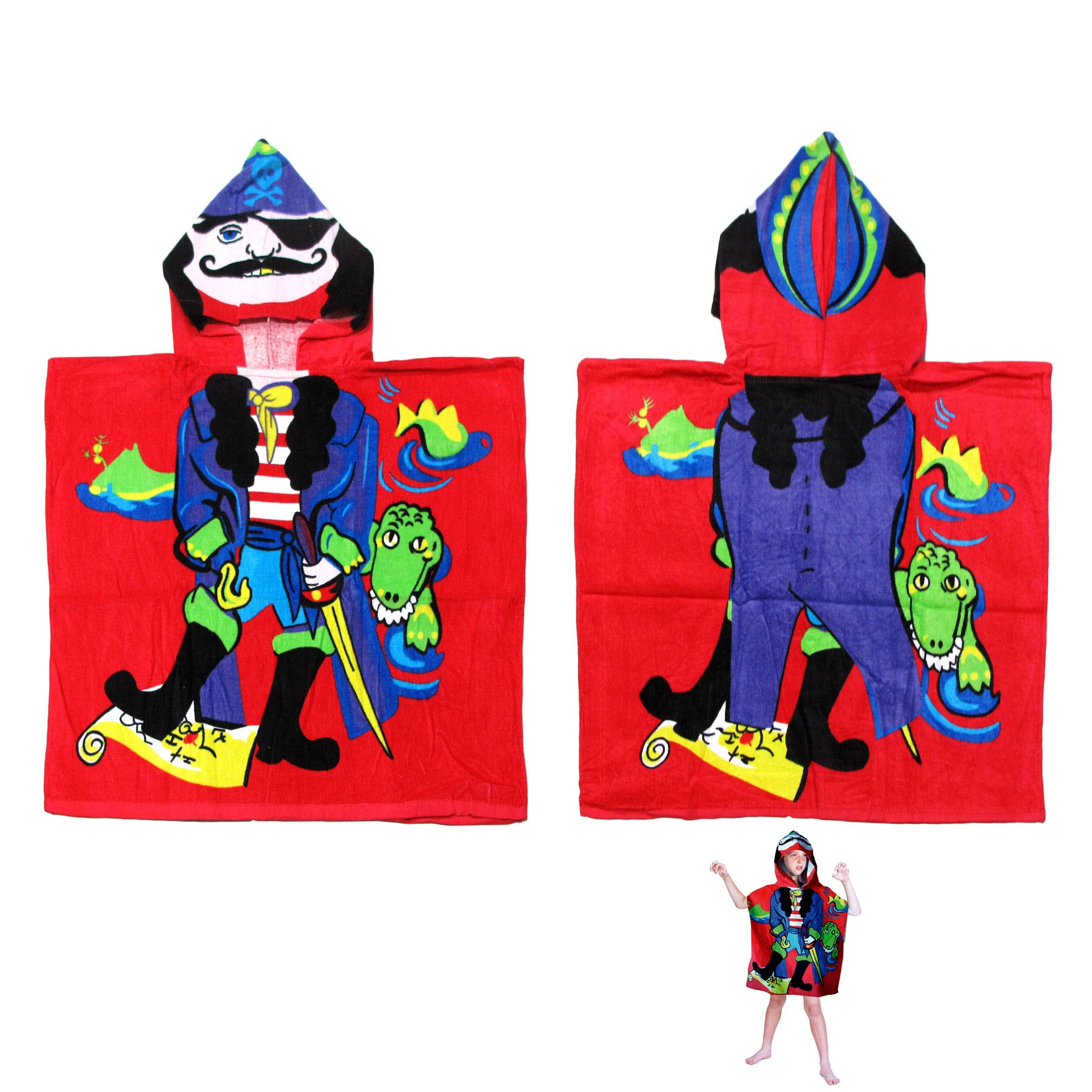 V442-KIT-TOWEL-HOODEDPIRATE-RED-SH-145680-00 Cute Kids Cotton Hooded Towel Poncho 60 x 120 cm Pirate - Image 1