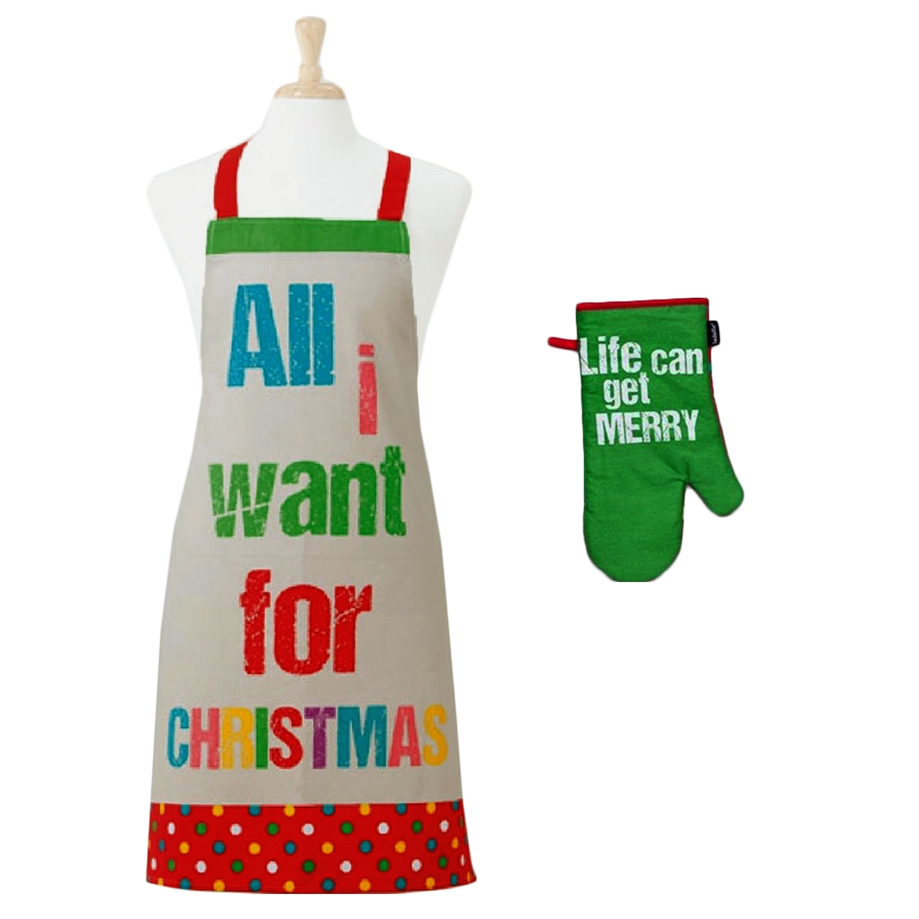 V442-LDE-OVENM-ALLIWANT-MULTI-SH-77895-00 Ladelle Set of 2 All I want Christmas Oven Mitt & Apron Kitchen Set - Image 1