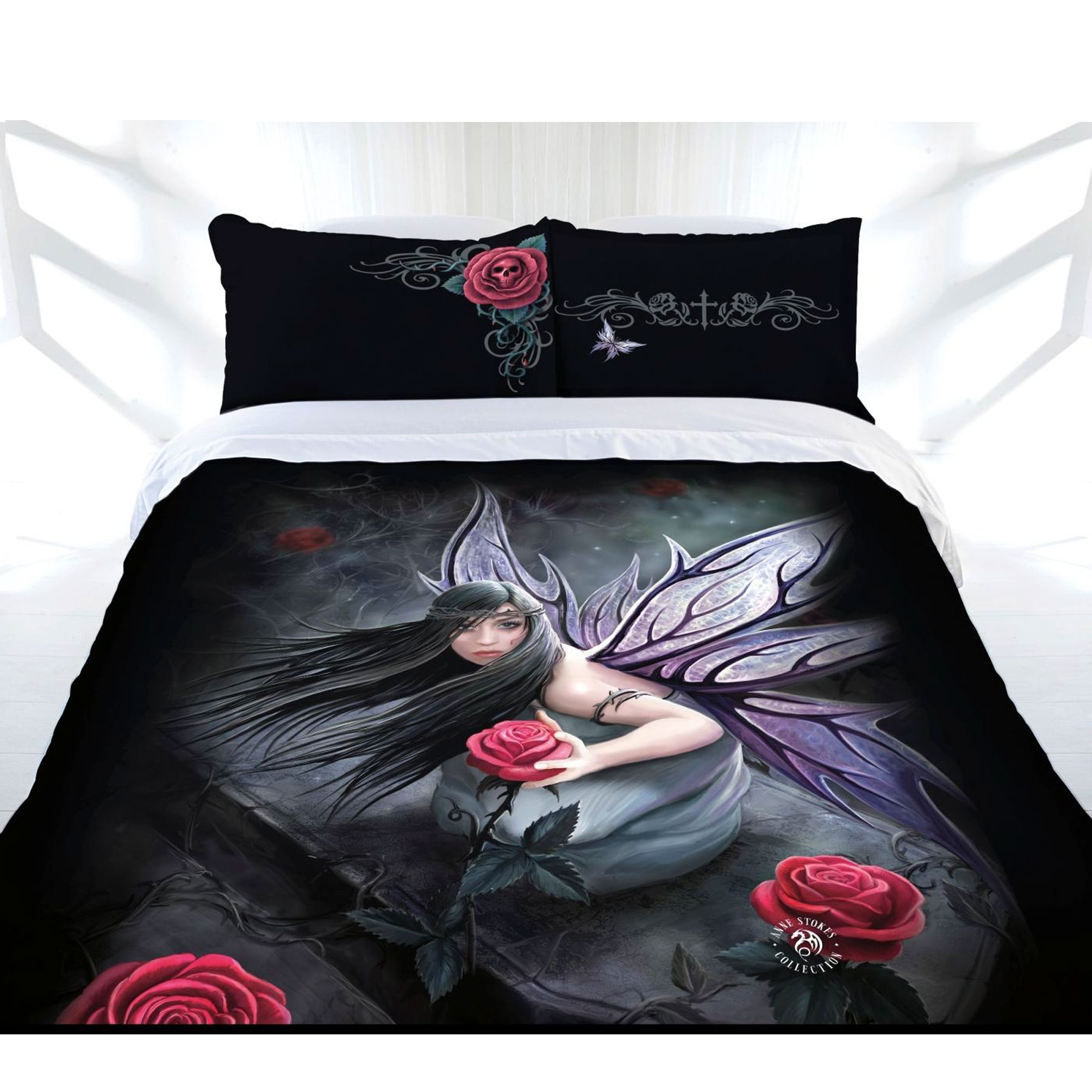 V442-LDE-QUILTCS-ROSEFAIRY-BLACK-SB-77828-00 Anne Stokes Rose Fairy Quilt Cover Set Single - Image 1