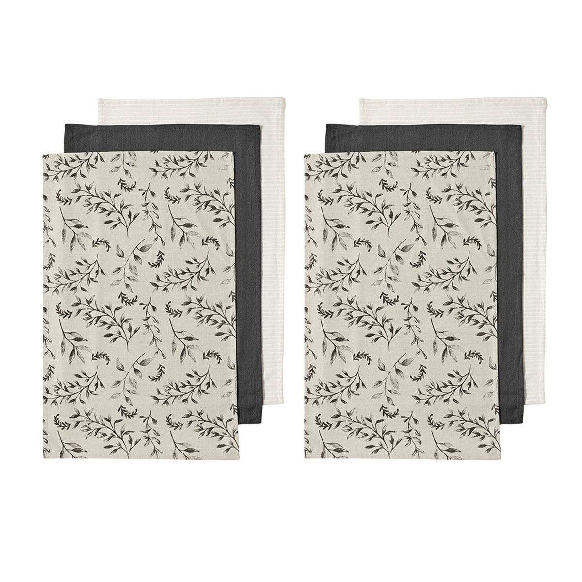 V442-LDE-TEAT-GROWNIVYSETOF6-CHARCOAL-RE-77948-00 Ladelle Grown Ivy Set of 6 Cotton Kitchen Towels Charcoal - Image 1