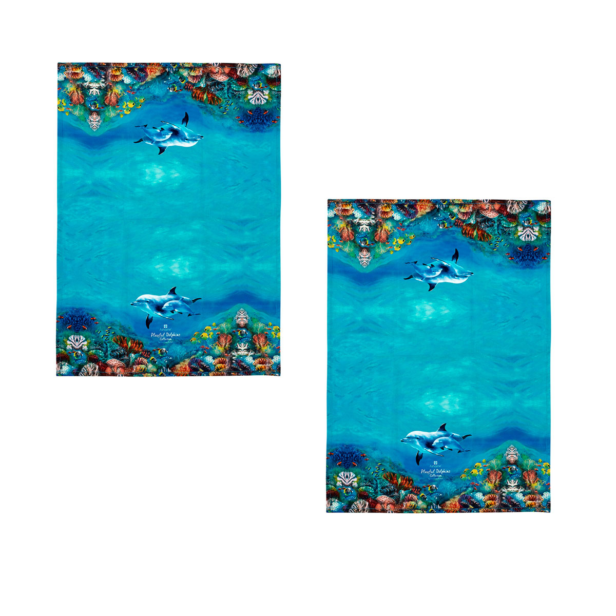 V442-LDE-TEAT-SETOF2REEFEXPLORING-MULTI-RE-199962-00 Ashdene Set of 2 Playful Dolphins Cotton Kitchen Tea Towels 50 x 70 cm Reef Exploring - Image 1