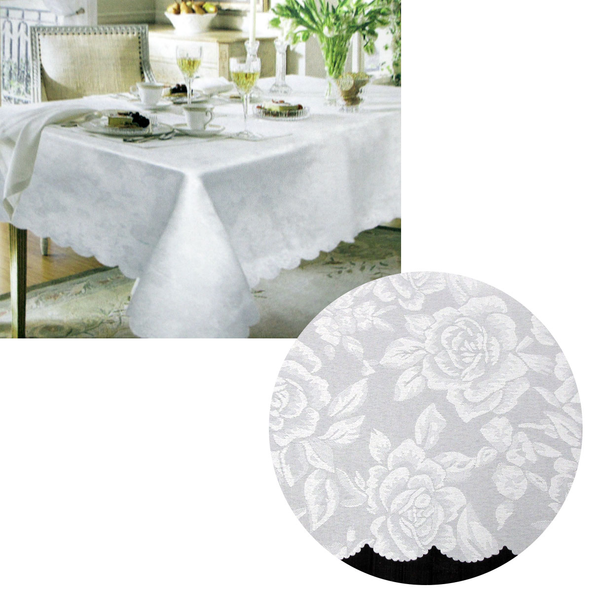 V442-LYL-TABLEC-JACQDAMASK180-WHITE-RE-189754-00 Jacquard Damask Design with Scalloped Edging Table Cloth White 140 x 180 cm - Image 1