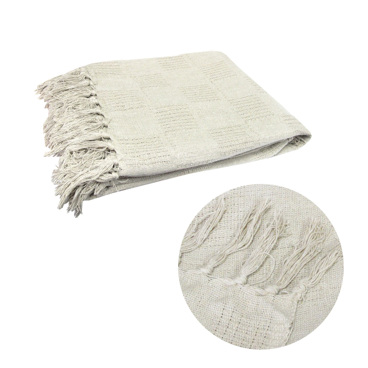 V442-MFL-THROW-CHECKERBOARD-OFFWHITE-RE-208824-00 Checkerboard 100% Cotton Texture Fringe Throw Rug 125 x 150 cm Off White - Image 1