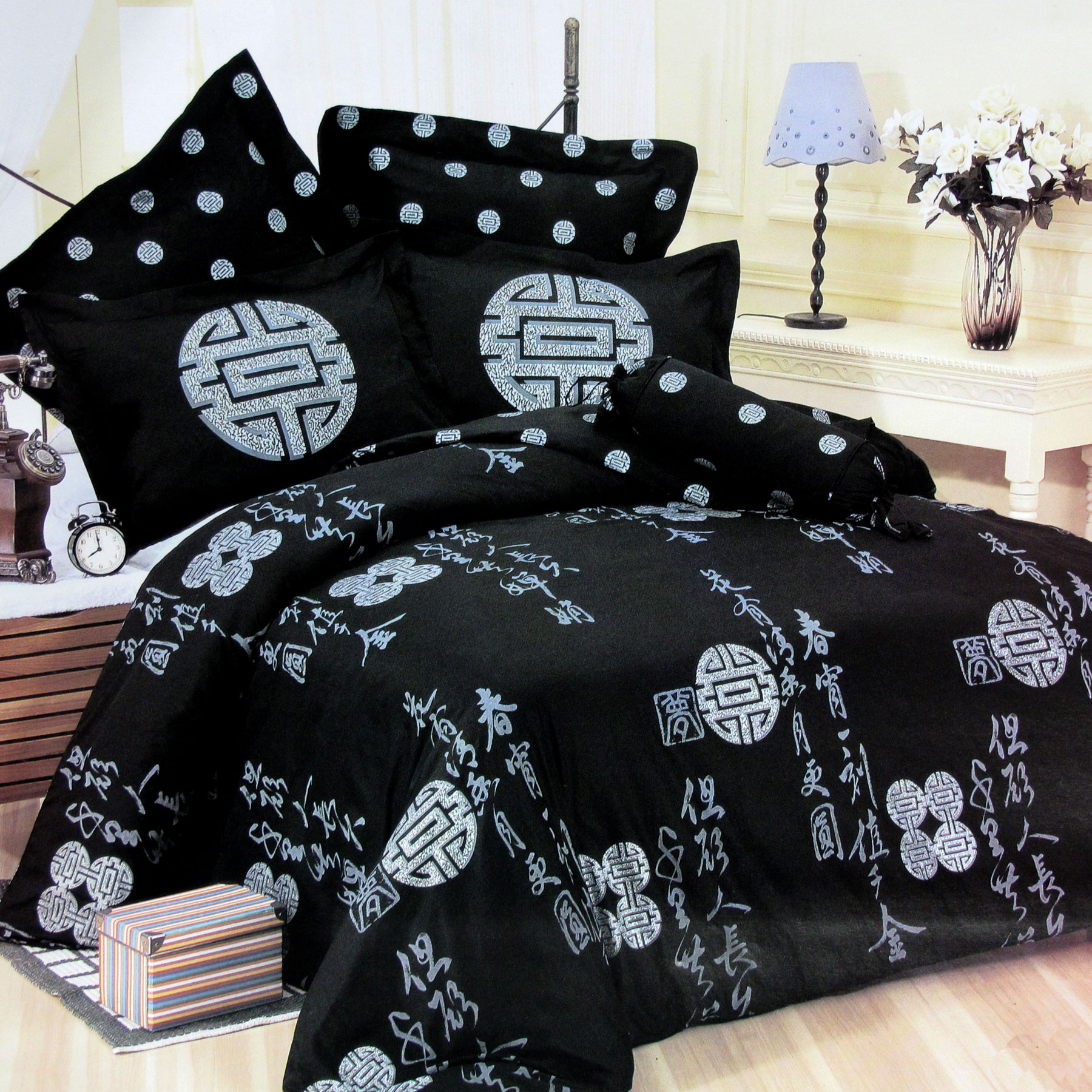 V442-ORS-QUILTCS-FORTUNE-RING-BLACK-DS-208830-00 Orient Sense Fortune Ring Quilt Cover Set - Double - Image 1