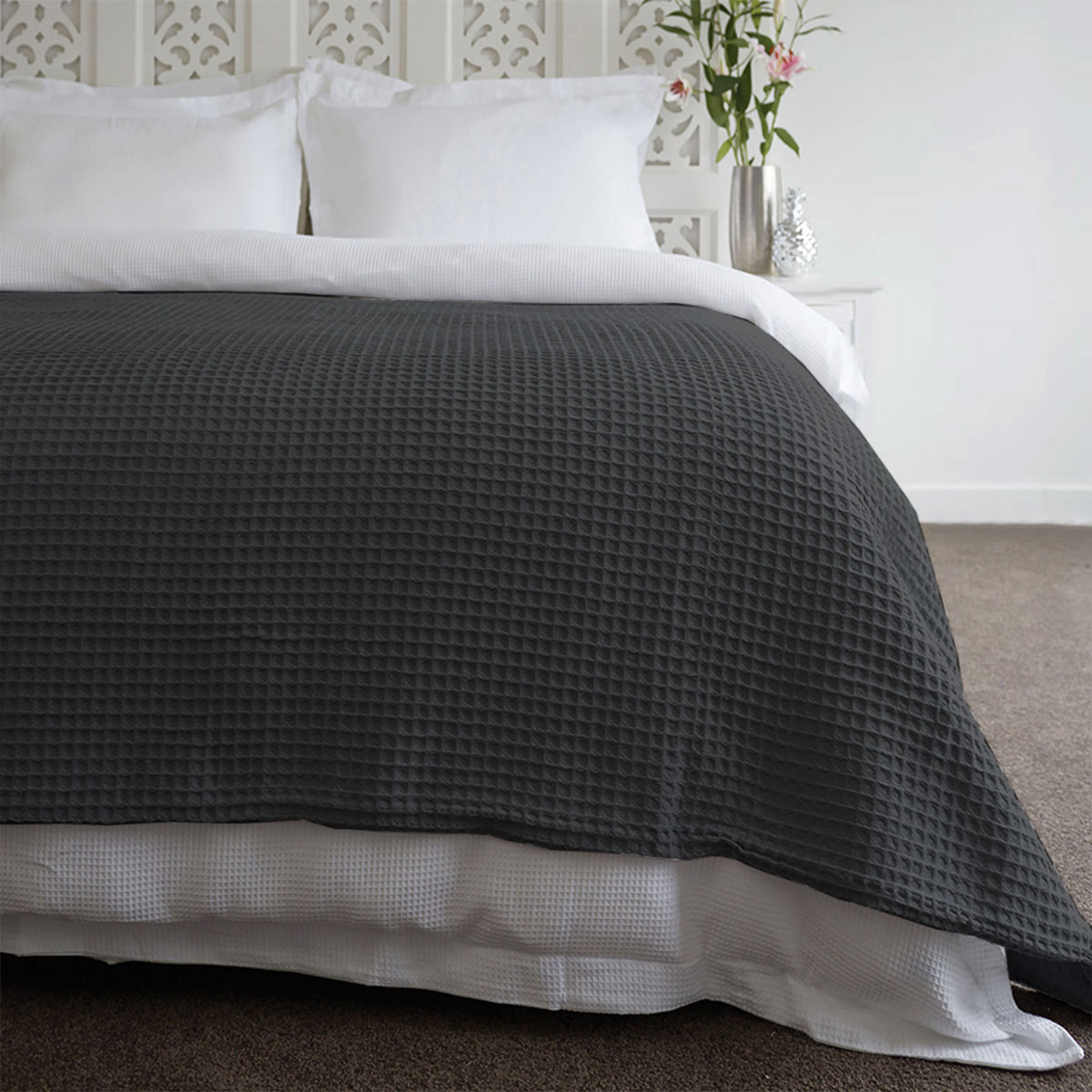 V442-RAN-BLANKET-ARDENTWAFFLE-CHARCOAL-QS-204205-00 Jenny Mclean Ardent Premium Super Soft Cotton Waffle Blanket Charcoal Queen - Image 1