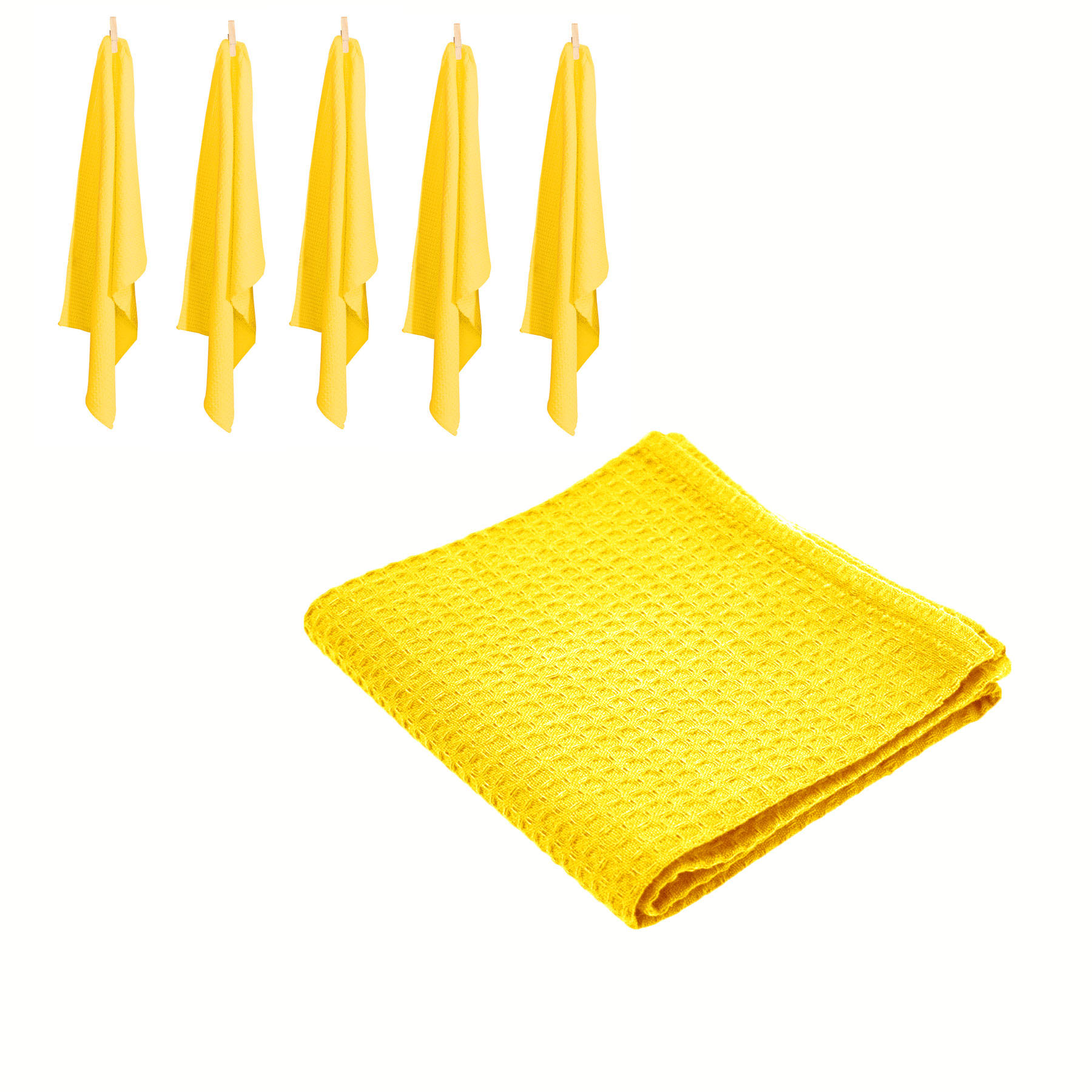 V442-RAN-TEAT-LONDONWAFFLE-YELLOW-RE-77480-00 Rans Set of 6 Cotton Waffle Tea Towels 50x70 cm - Yellow - Image 1