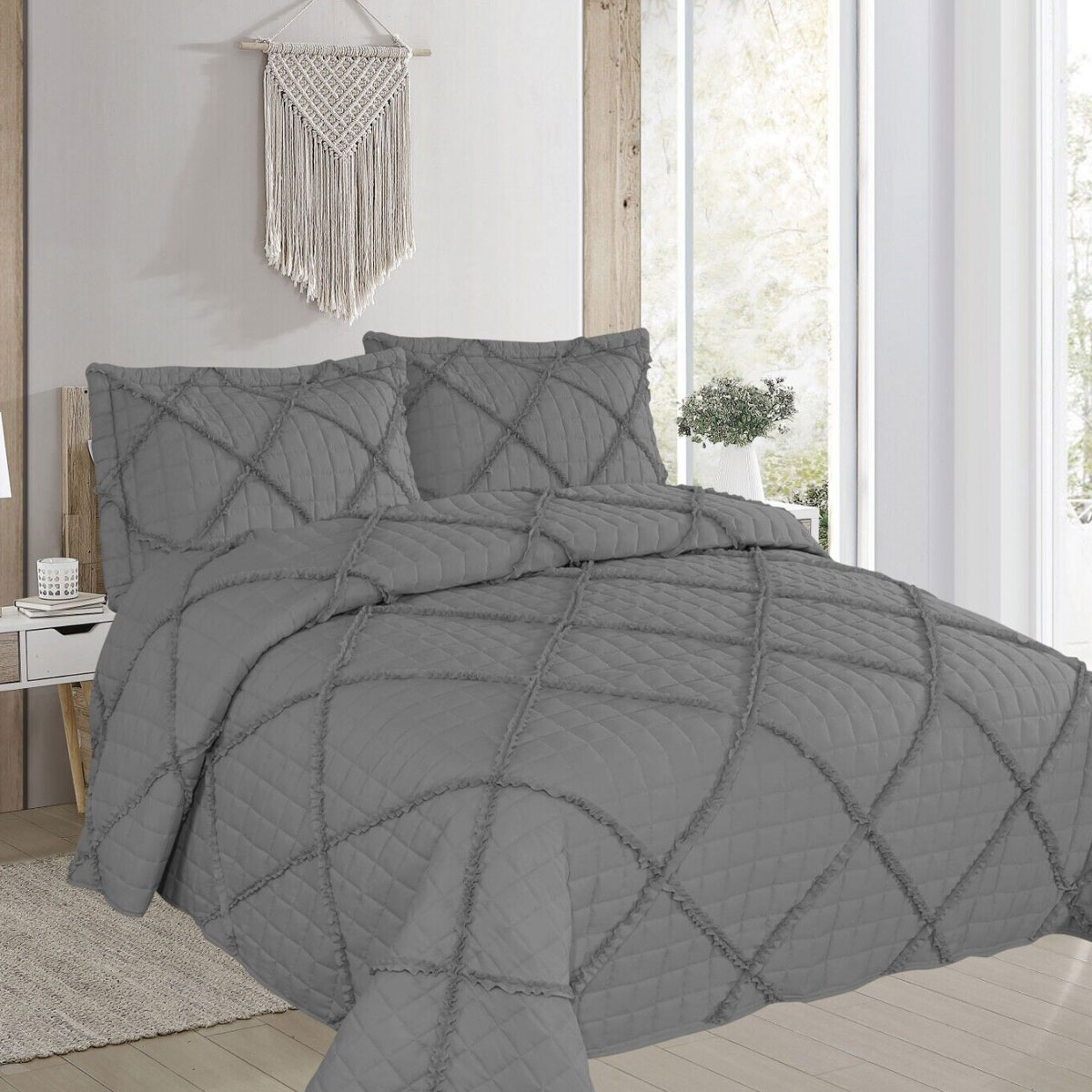 V442-STT-COVERLET-BEVERLEY-CHARCOAL-QS-209146-00 Beverley Charcoal 3 Pce Lightly Quilted Polyester Cotton Coverlet Set Queen - Image 1