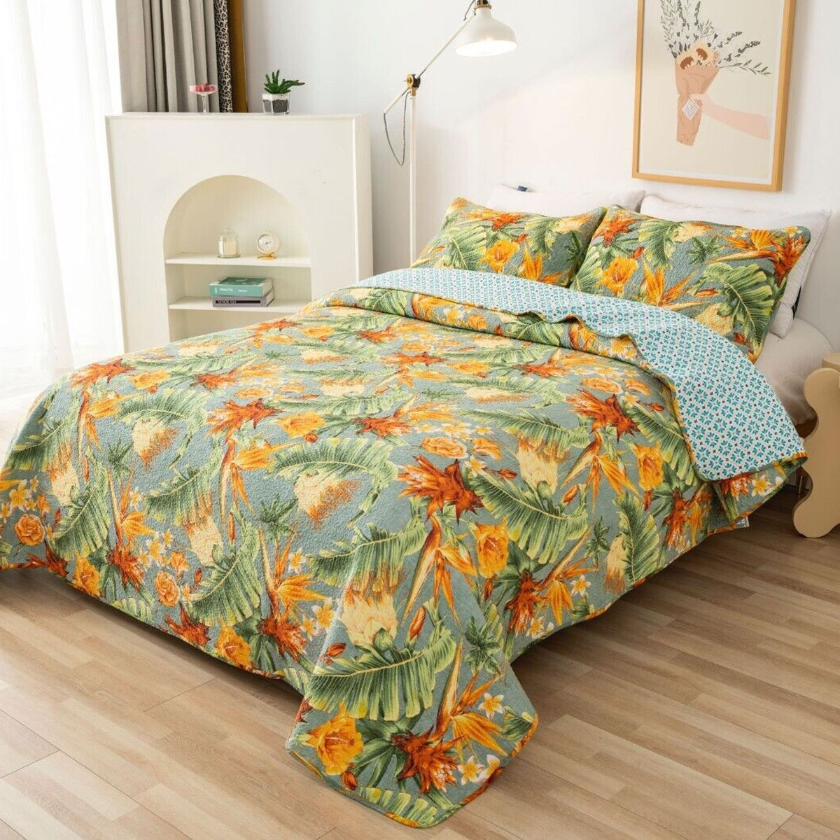 V442-STT-COVERLET-PARADISE-MULTI-QS-209154-00 100% Cotton Lightly Quilted Coverlet Set Birds of Paradise Queen 230 x 250 cm - Image 1