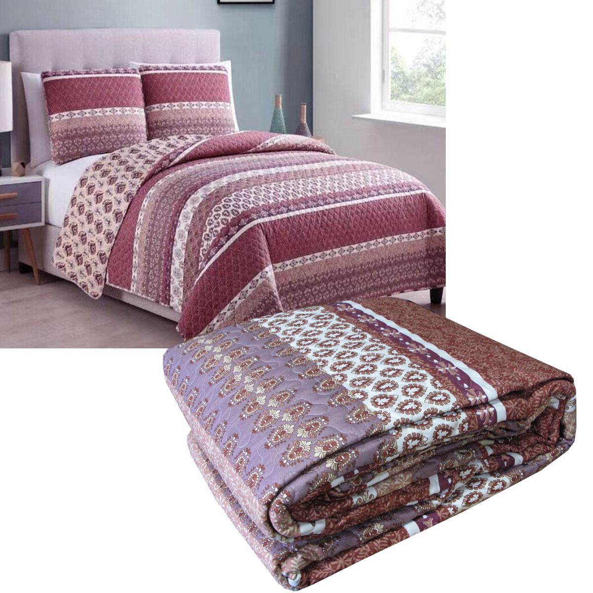 V442-STT-COVERLET-SEVILLE-MAUVE-KI-209150-00 Seville 3 Pce Lightly Quilted Polyester Cotton Coverlet Set Queen/King - Image 1