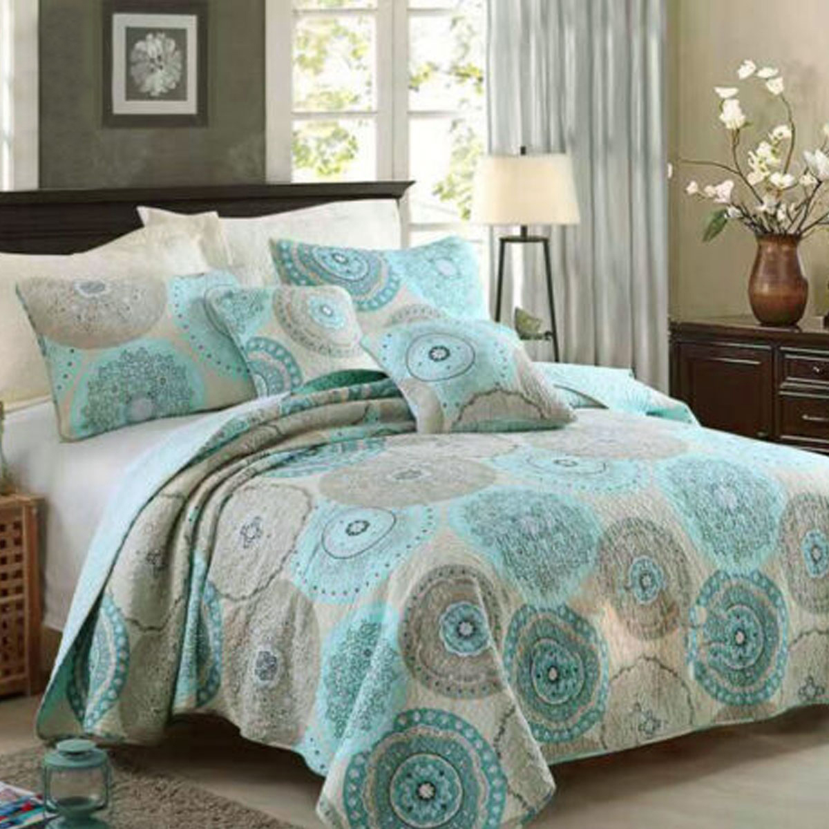 V442-STT-COVERLET-SUZANI-TURQUOISE-QS-202503200946-00 100% Cotton Lightly Quilted Coverlet Set Suzani Queen - Image 1