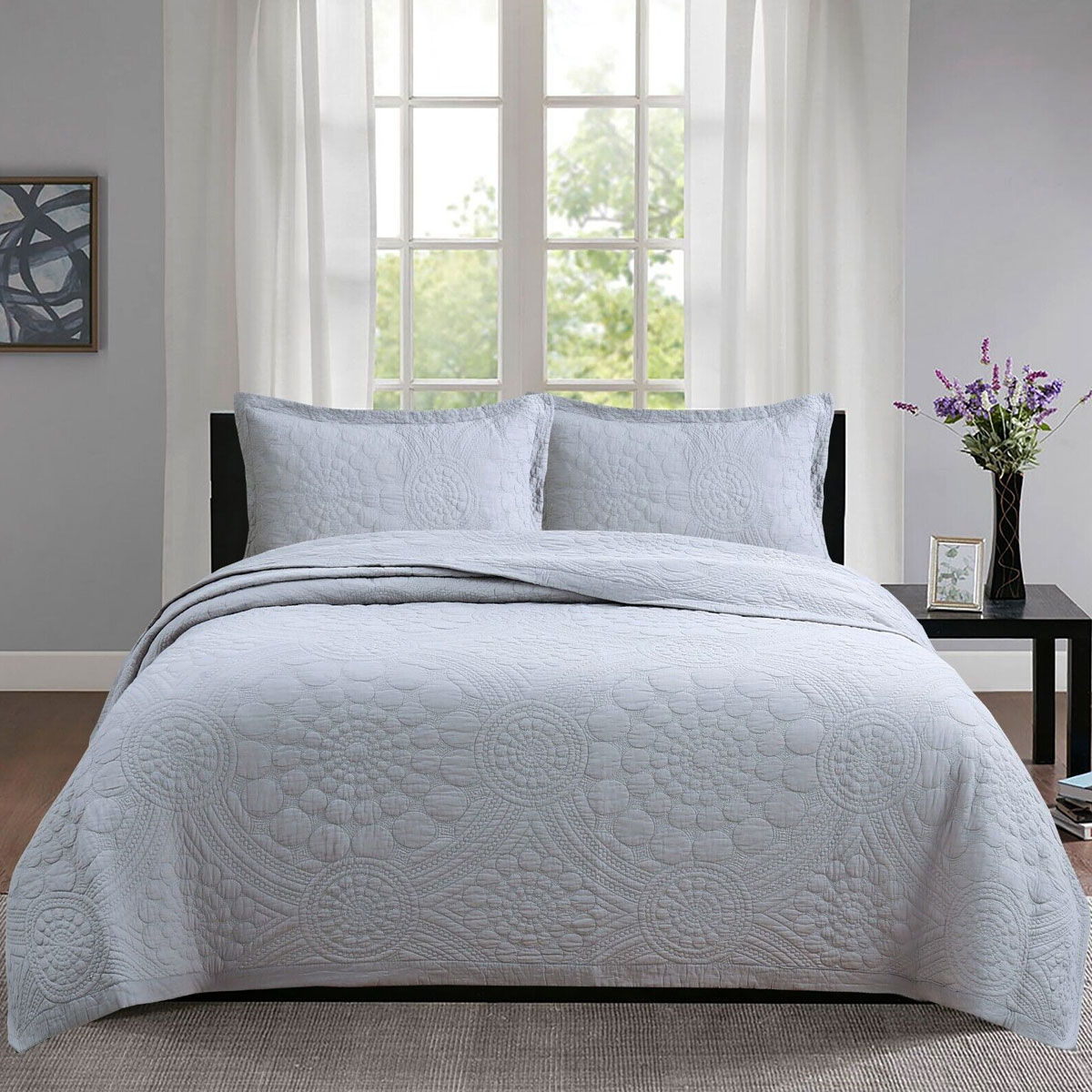 V442-STT-COVERLET-UNITY-SILVER-QS-213110-00 100% Cotton Lightly Quilted Coverlet Set Unity Silver Queen - Image 1