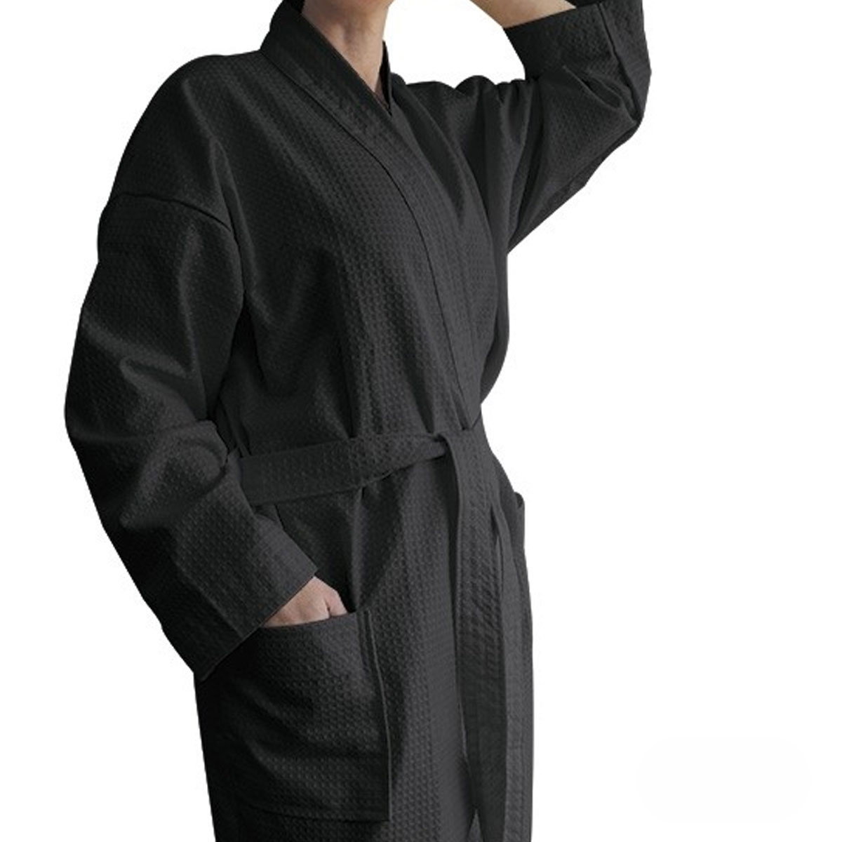 V442-WAM-BATHROBE-240GSMWAFFLE-EBONY-L-204750-00 Jason 240GSM Waffle Polyester Cotton Kimono Ebony - Image 1