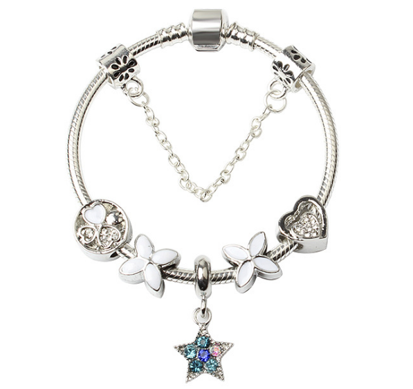 V462-F-11-03-101746-00 Women Silver Plated Bracelet Snake Chain with Classic Bead Barrel Clasp and Blue Star Pendant(20cm) - Image 1